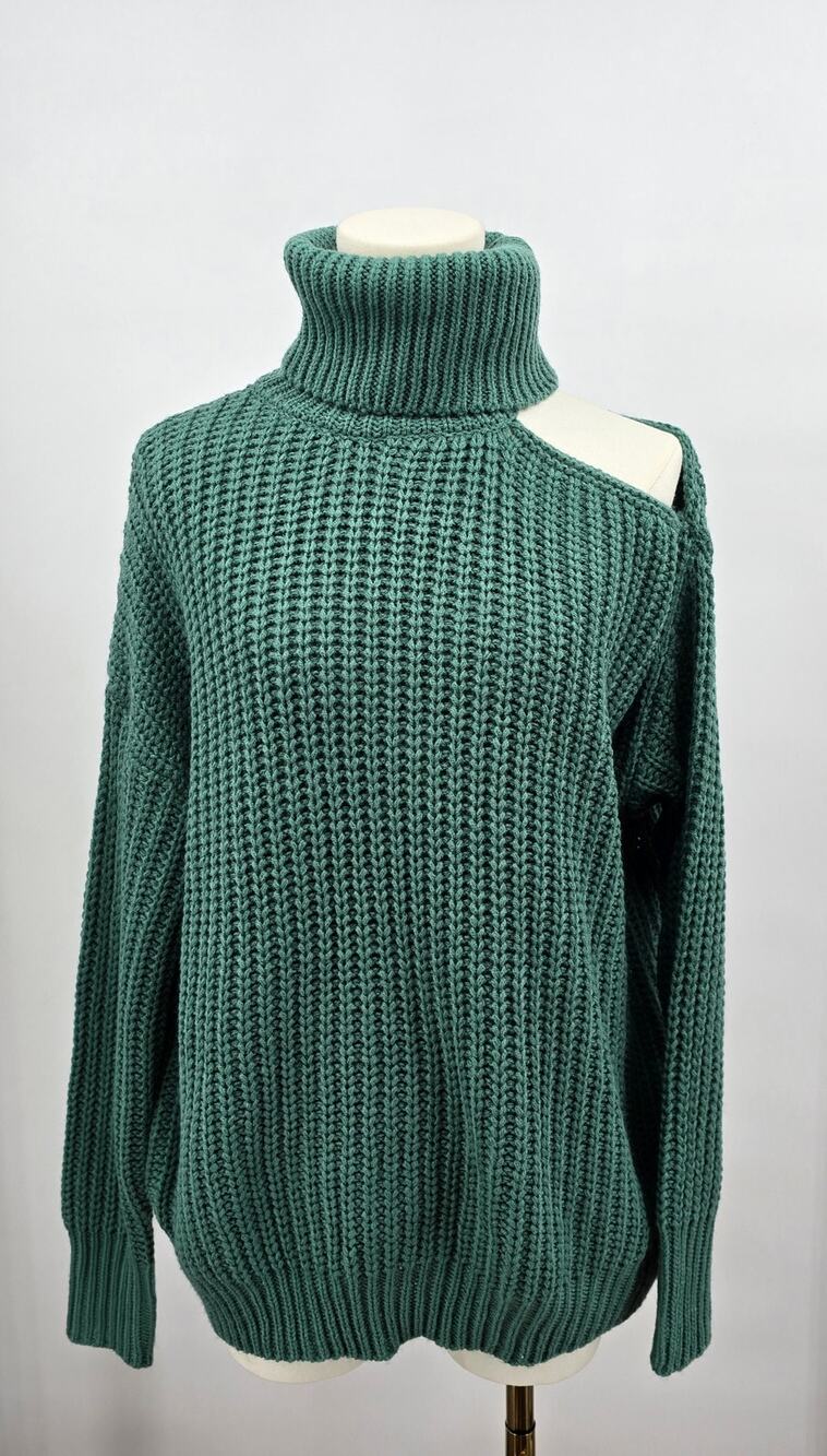 La Meil Minimalist Modern Cozy Casual Chic Pastel Jade Shoulder Cut Out‎ Sweater